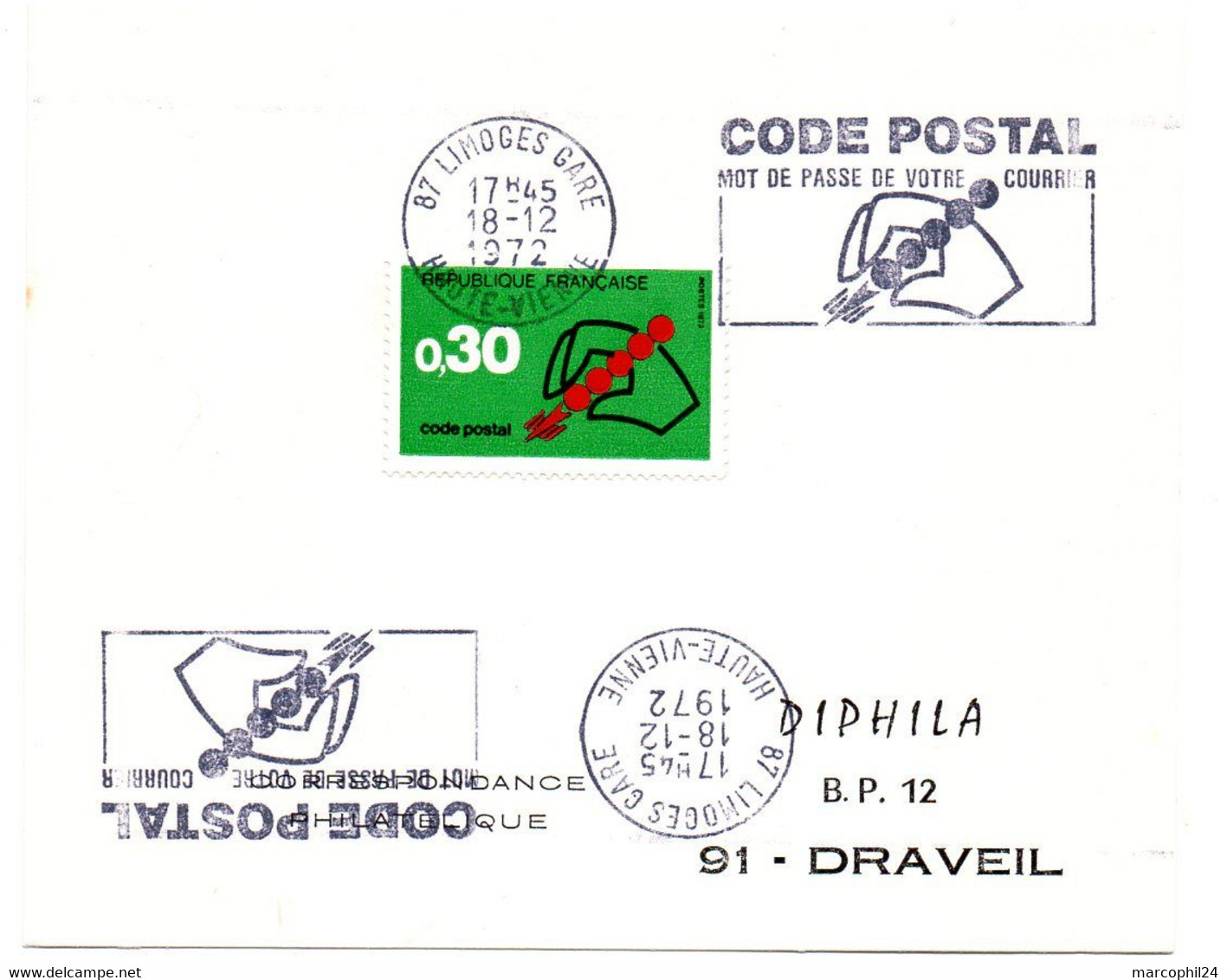 VIENNE / HAUTE - Dépt N° 87 = LIMOGES GARE 1972 =  FLAMME CONCORDANTE SECAP Illustrée ' CODE POSTAL / Mot Passe' - Codice Postale