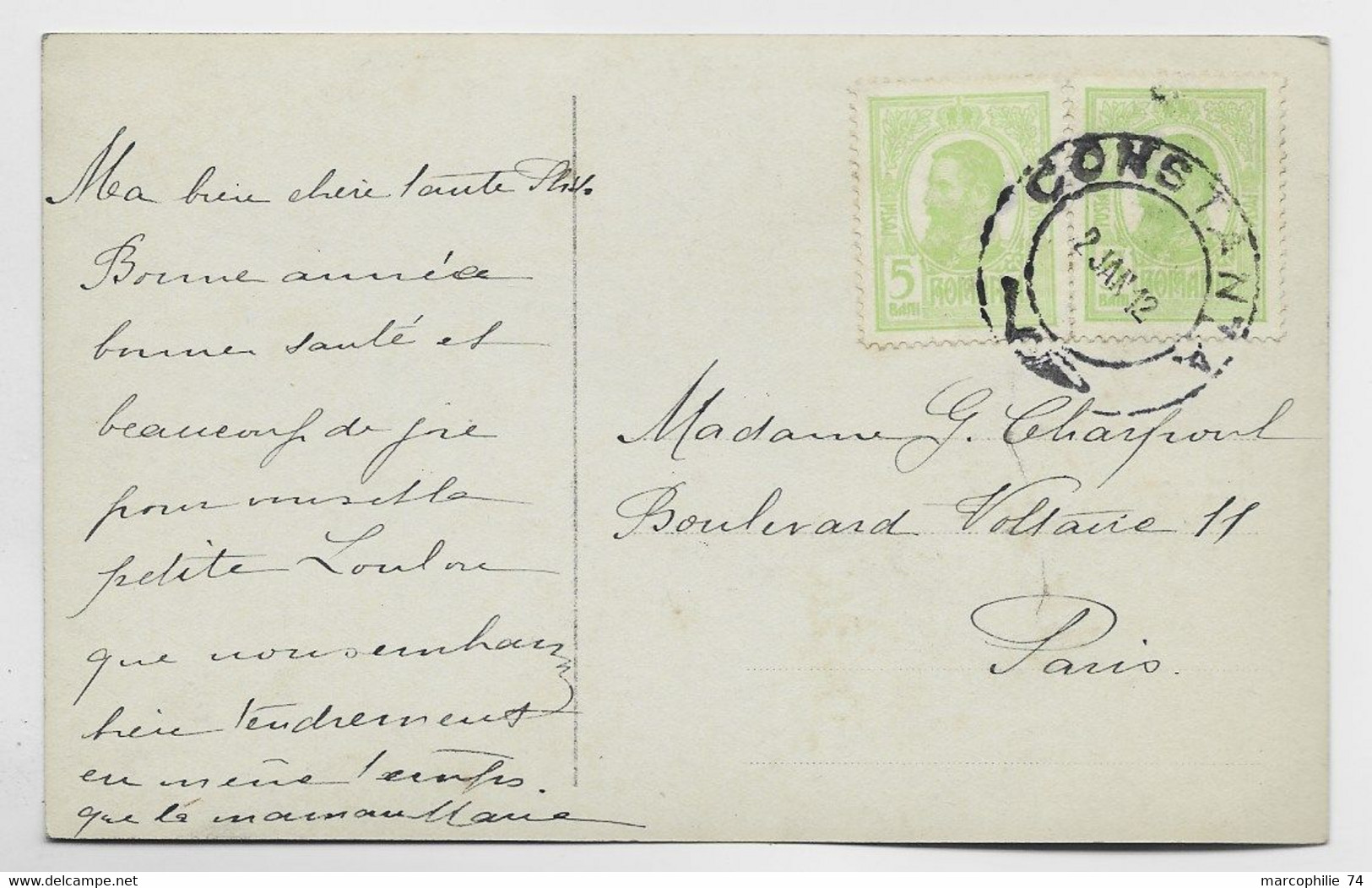 ROMANIA 5 BANI PAIRE CARTE FANTAISIE LA MULTI ANI CONSTANYA 2 JAN 1912 TO FRANCE - Lettres & Documents