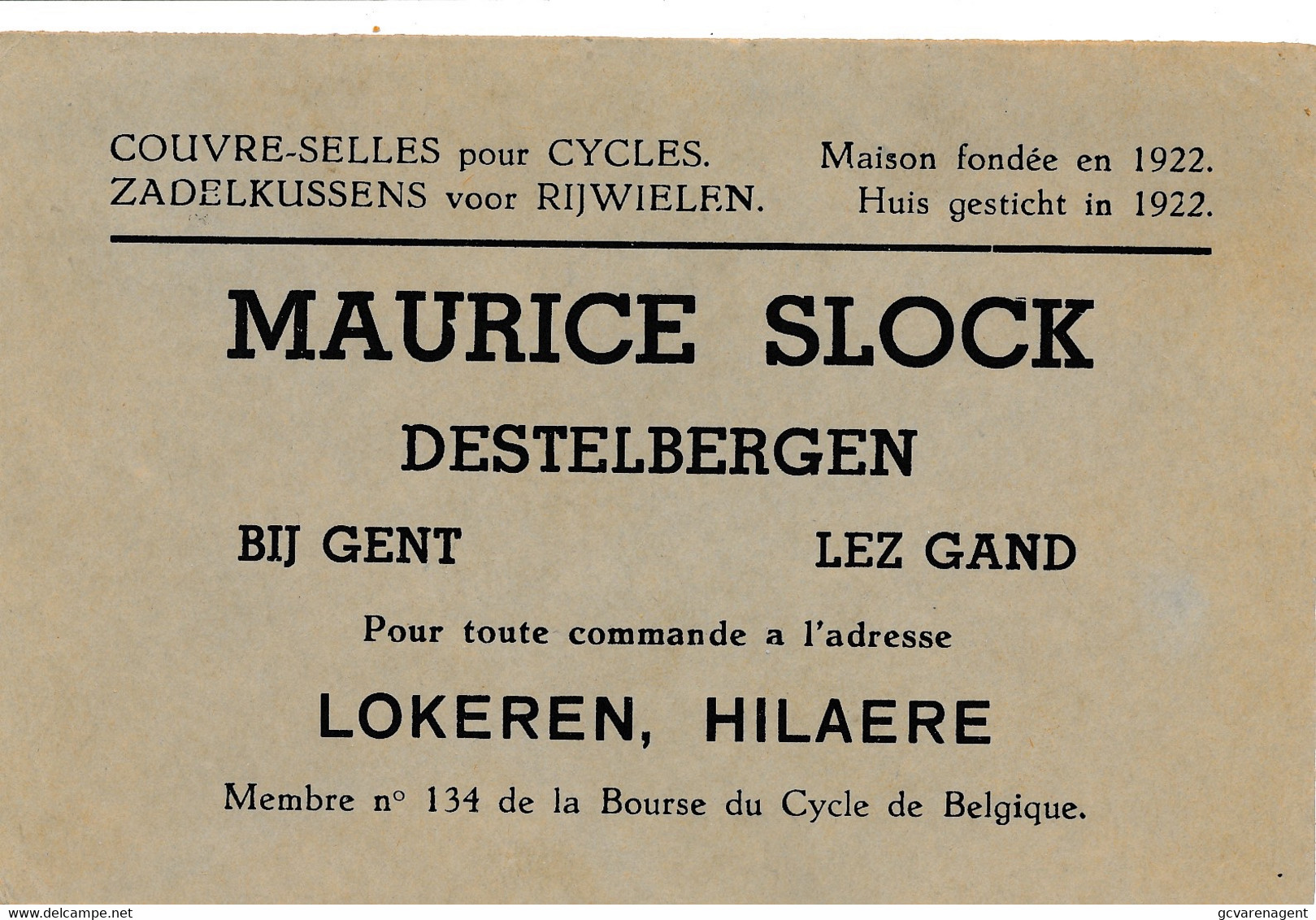 DESTELBERGEN  - RECLAME = MAURICE SLOCK  - ZADELKUSSEN VOOR RIJWIELEN    2 SCANS - Destelbergen