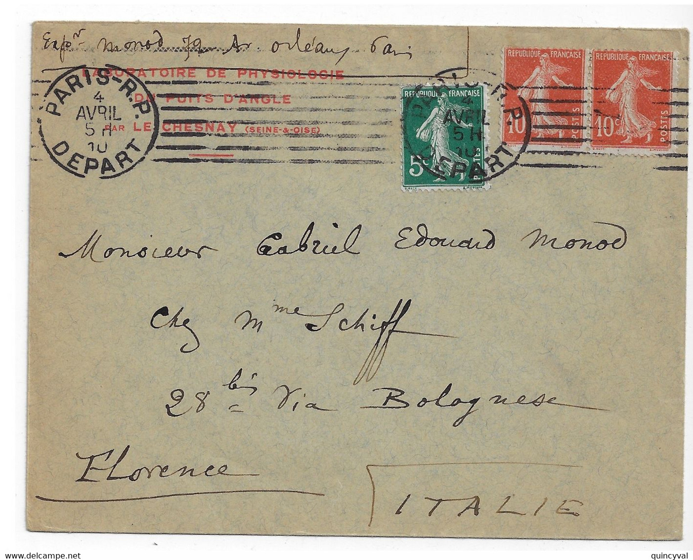 PARIS-R.P. DEPART Lettre Labo Physiologie Le Chesnay 5c 10c Semeuse Yv 137 138 Ob 1910 Meca Krag Dest Florence Italie - Mechanical Postmarks (Other)