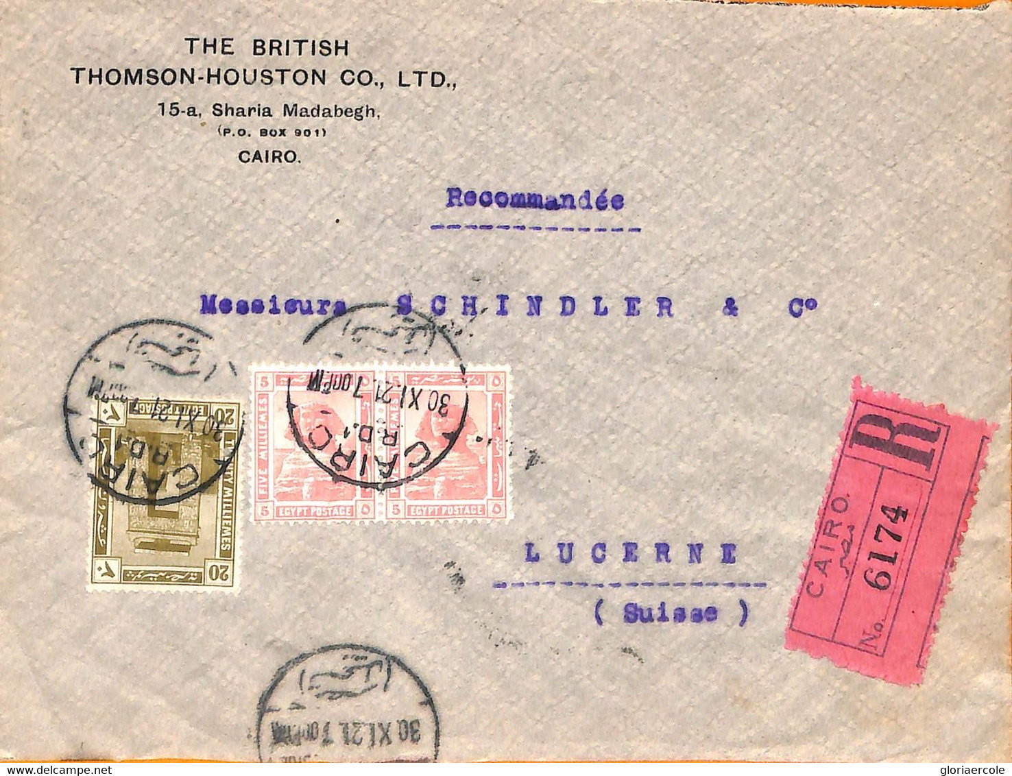 Aa0141 - EGYPT - POSTAL HISTORY - REGISTERED  COVER To SWITZERLAND  1921 - 1915-1921 Protettorato Britannico