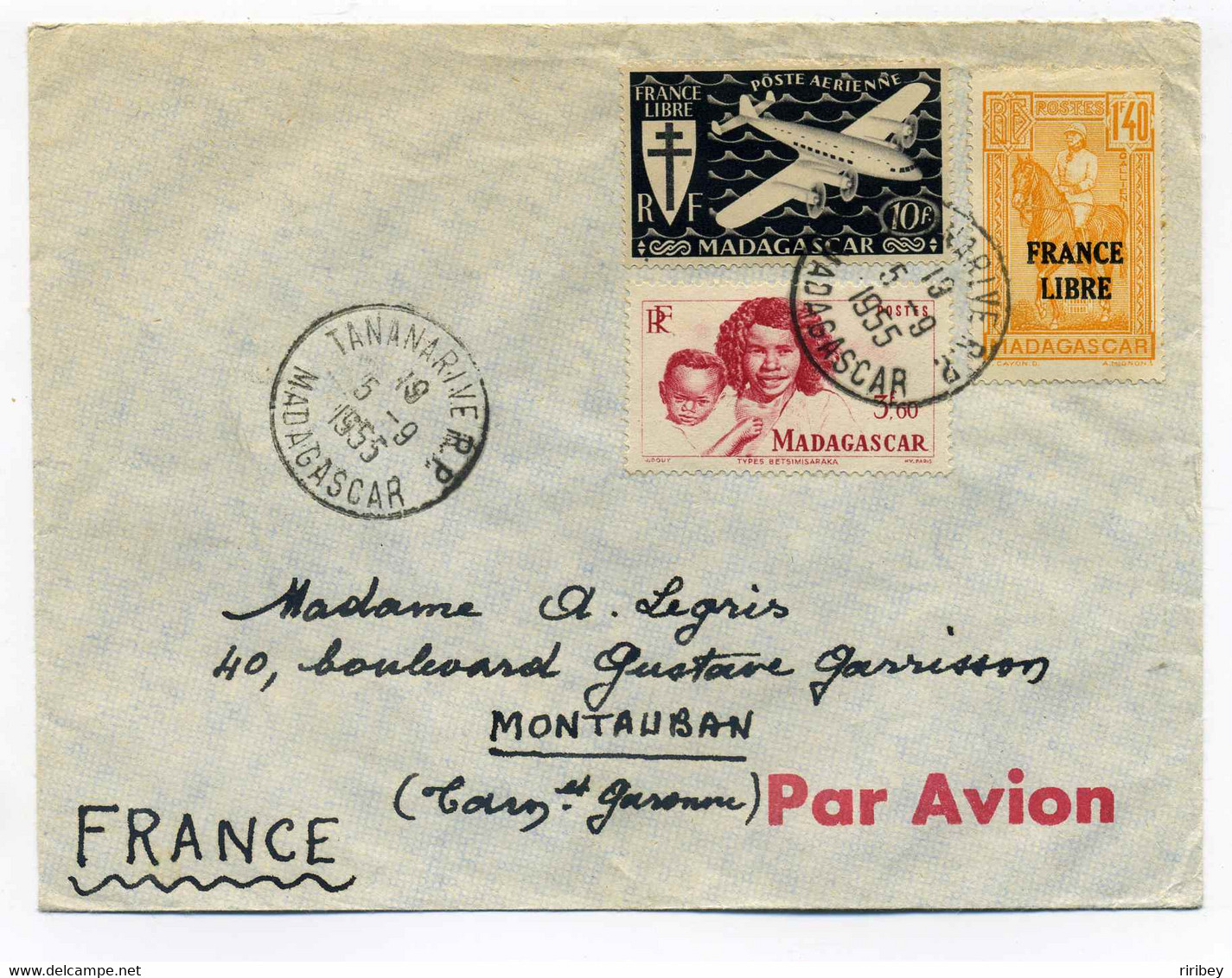 Lettre De Tananarive Par Avion Pour Montauban / TP Surchargé FRANCE LIBRE / 1955 - Luftpost