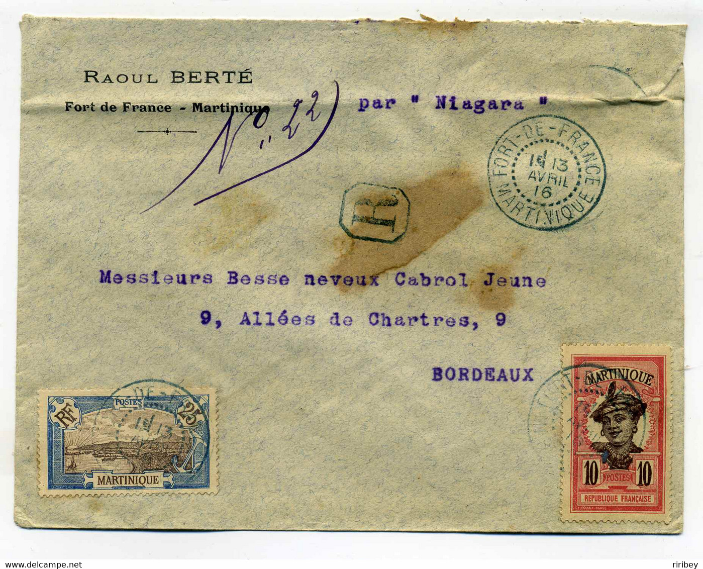 Lettre Recommandé De Fort De France / Martinique / 1916 / Par Le Vapeur Niagara - Briefe U. Dokumente