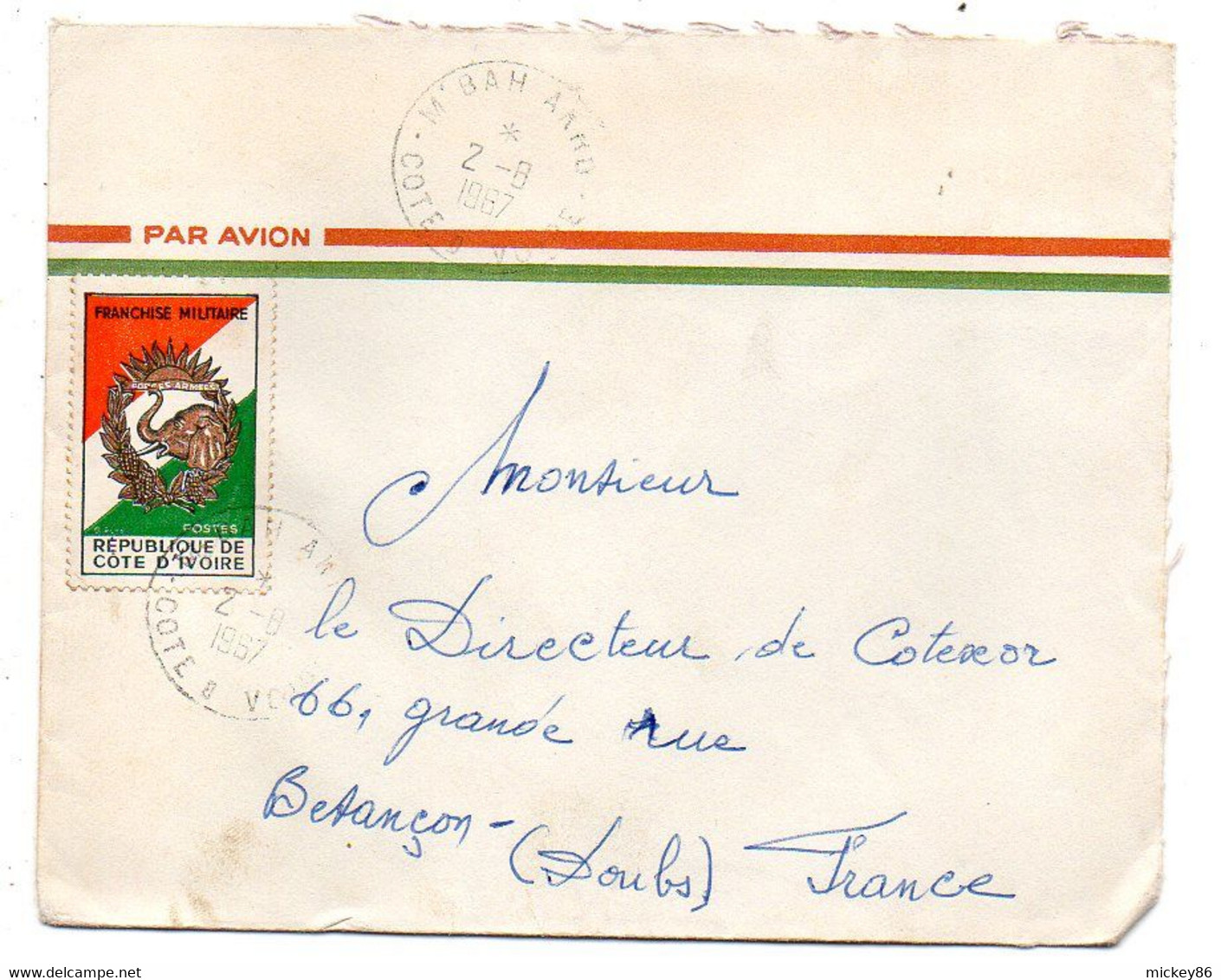Côte D'Ivoire -1967-Lettre De M'BAHIAKRO Pour Besançon (France)..timbre  Franchise Militaire Seul  Sur Lettre...à Saisir - Costa De Marfil (1960-...)