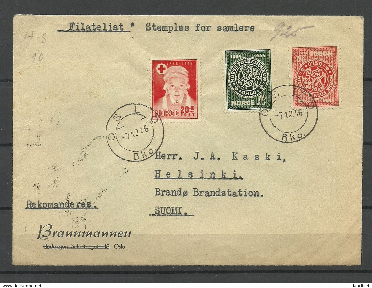 NORGE 1946 O Oslo Commercial Cover To Finland Brandstation - Lettres & Documents