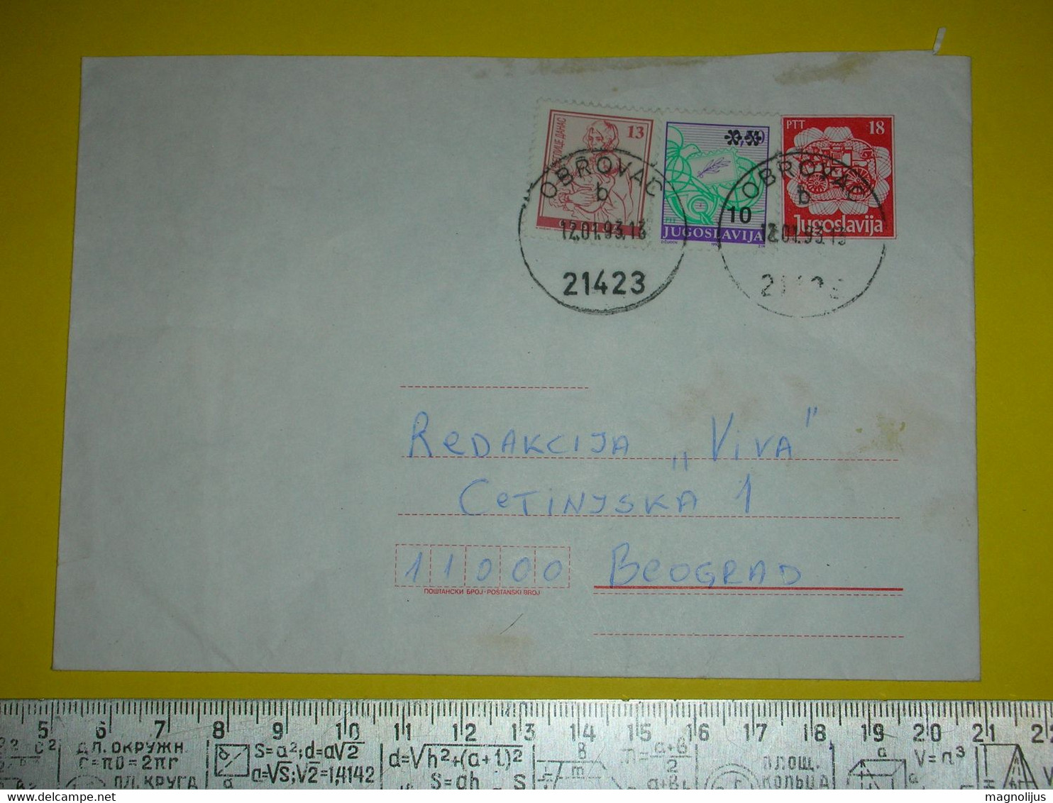 Yugoslavia Stationery Cover,letter,Obrovac Postal Seal,new Value Overprinted Additional Stamps - Briefe U. Dokumente