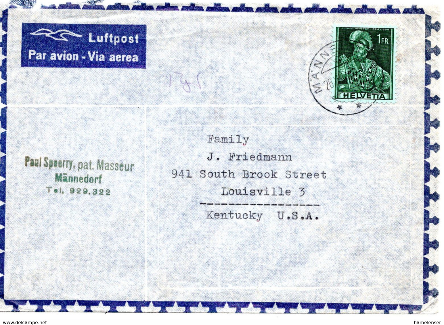 61752 - Schweiz - 1946 - 1Fr Pfyffer EF A LpBf MAENNEDORF -> Louisville, KY (USA) - Cartas & Documentos