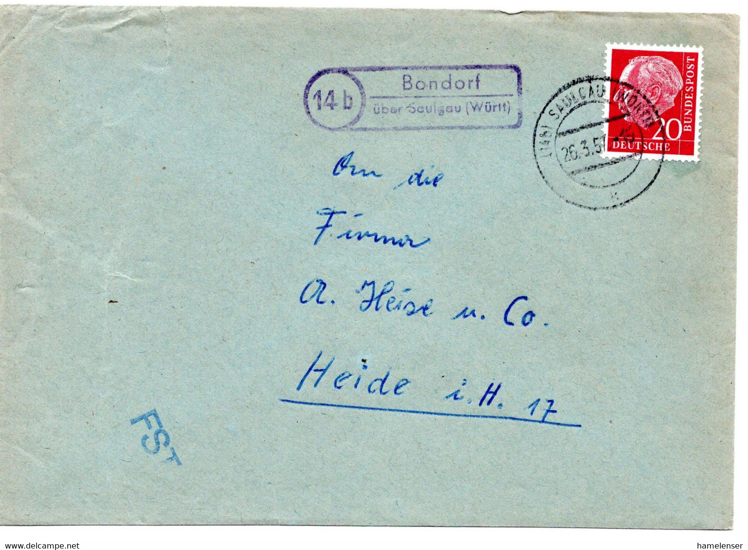 61755 - Bund - 1957 - 20Pfg Heuss I EF A Bf Landpoststpl BONDORF -> SAULGAU -> Heide - Storia Postale