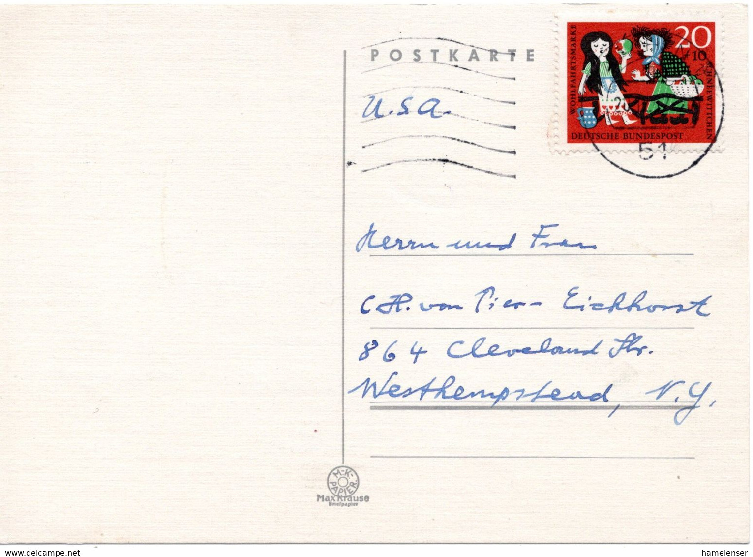 61761 - Bund - 1962 - 20Pfg Schneewittchen EF A Kte AACHEN -> Westhempstead, NY (USA) - Fairy Tales, Popular Stories & Legends