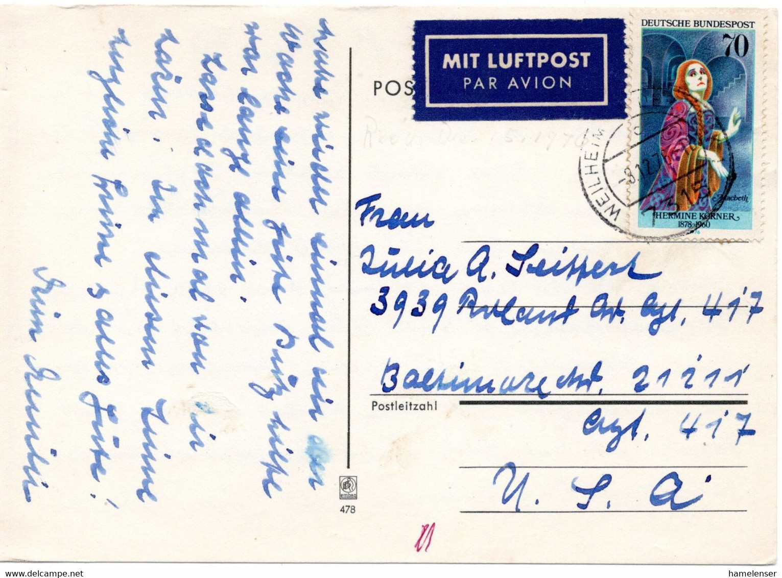 61762 - Bund - 1976 - 70Pfg Schauspielerinnen EF A LpKte WEILHEIM -> Baltimore, MD (USA) - Cartas & Documentos