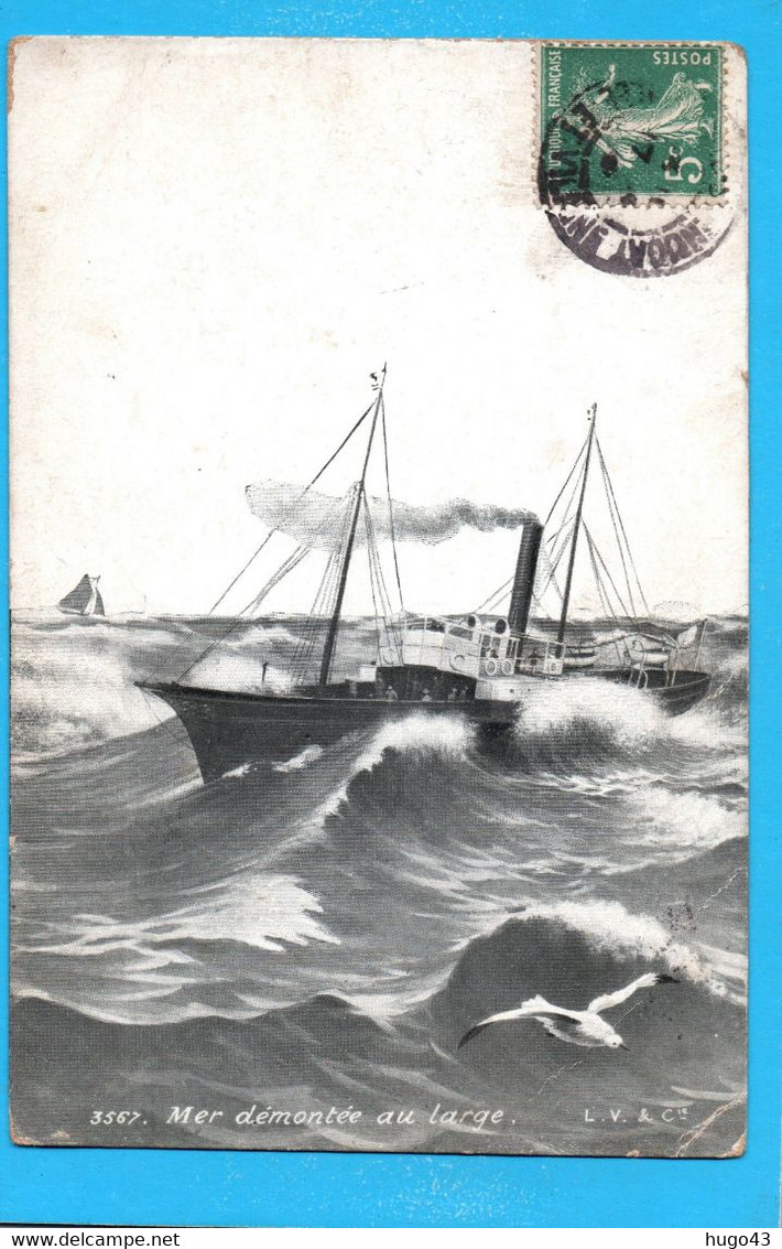 (RECTO / VERSO) BATEAU DE PECHE EN 1909 - N° 3567 - MER DEMONTEE AU LARGE - BEAU CACHET - CASSURE ANGLE BAS A DROITE  75 - Pêche