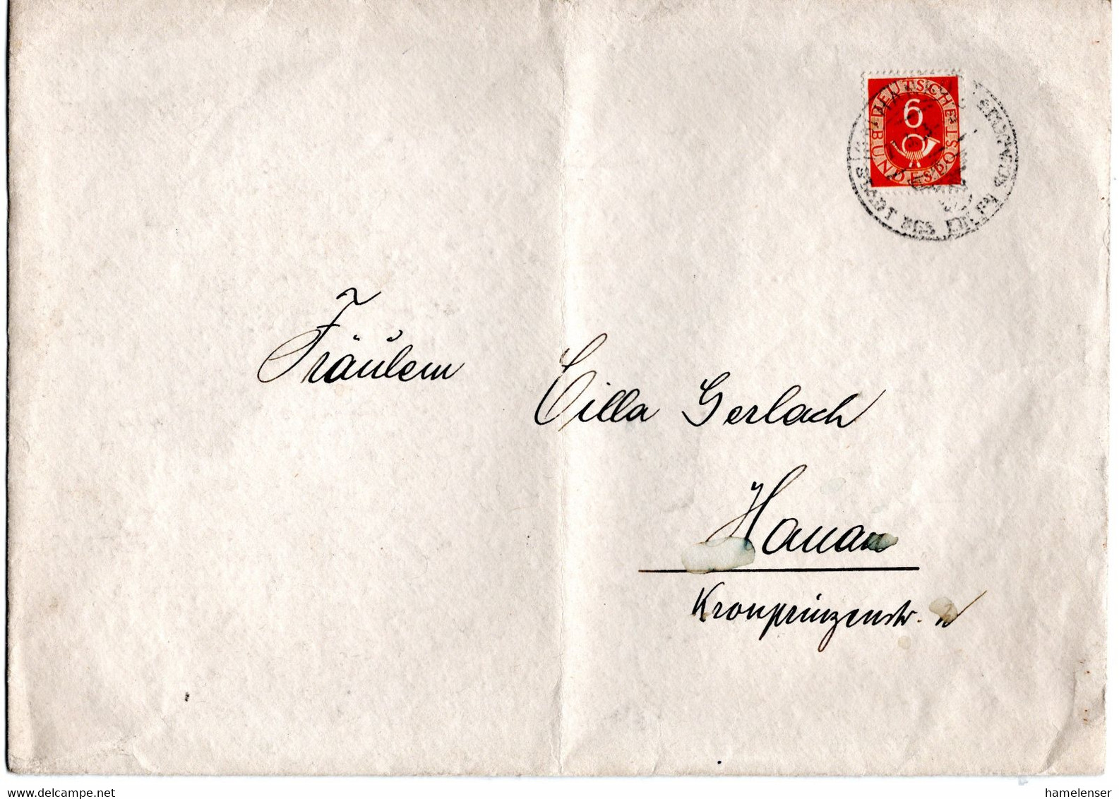 L61772 - Bund - 1953 - 6Pfg Posthorn EF A OrtsDrucksBf (le Senkr Mittelbug) HANAU - Briefe U. Dokumente