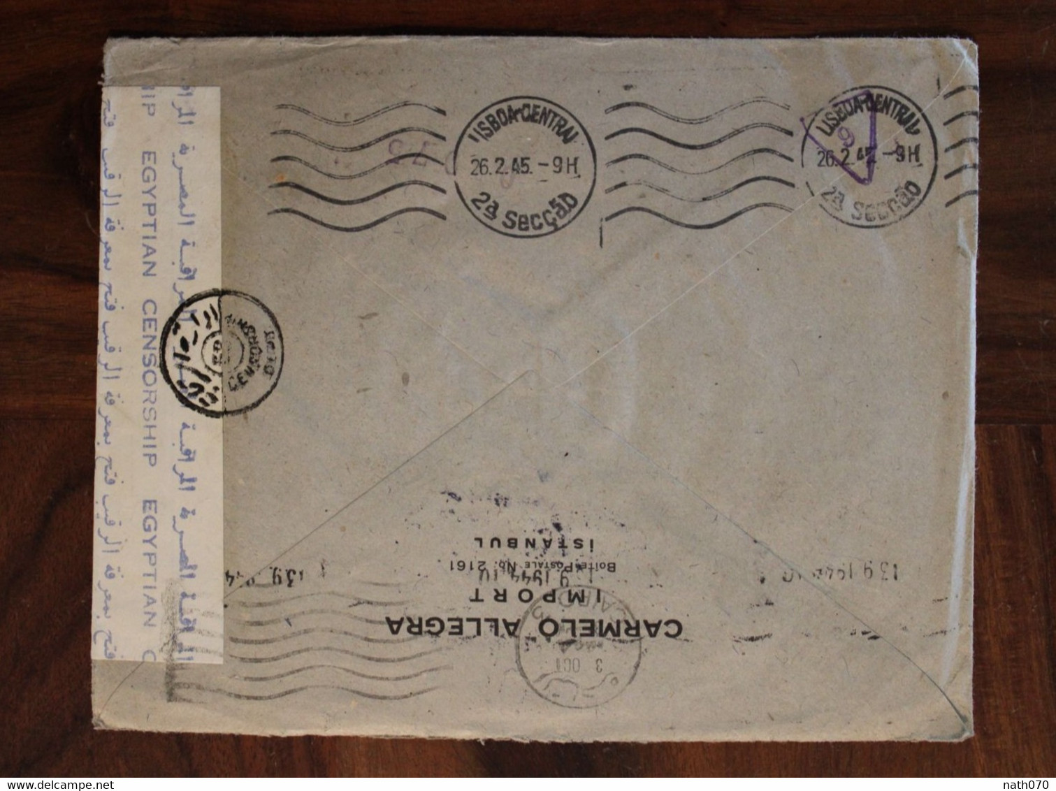 Turquie 1944 Turkey Air Mail Cover Censure Egyptienne Egypte Zensur Portugal Taxe Flamme Egyptian Censorship - Storia Postale