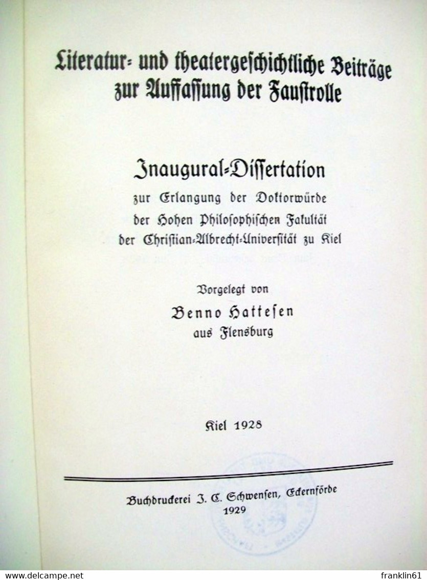 Literatur- Und Theatergeschichtliche Beiträge Zur Auffassung Der Faustrolle - Sonstige & Ohne Zuordnung