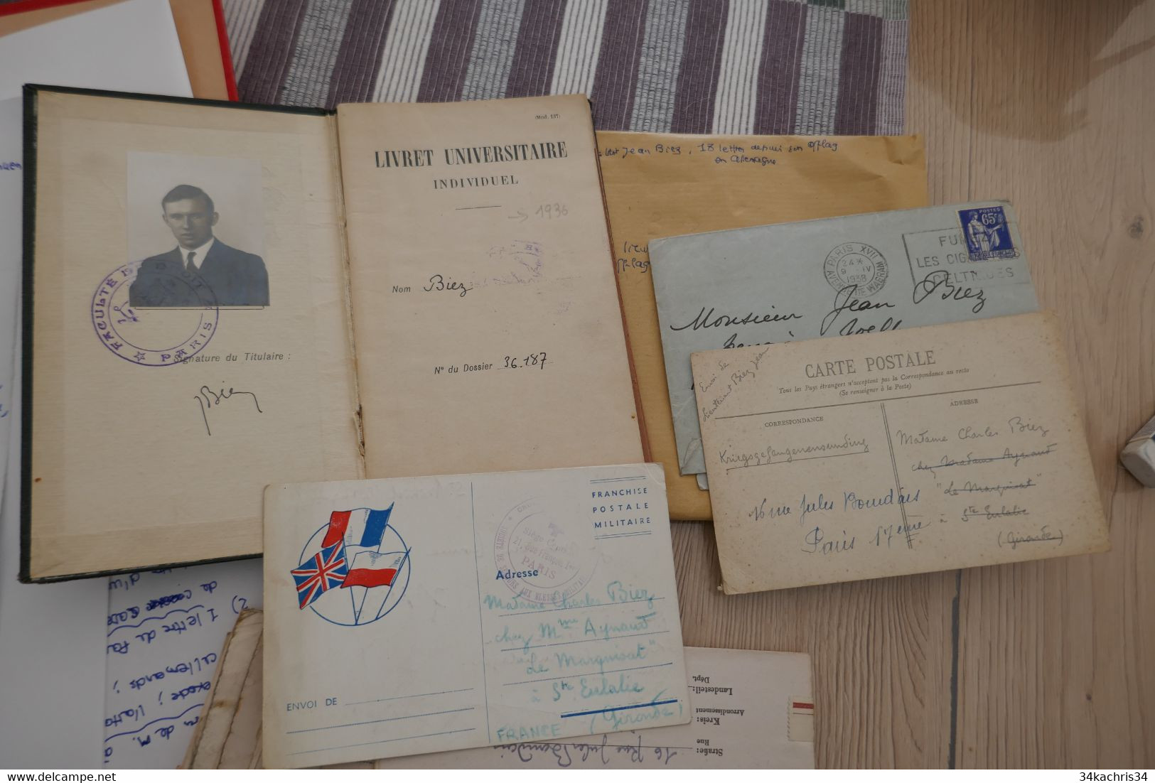 Militaria Archive Lt J.Biez Guerre 39/45 prisonniers de guerre 15 lettres + divers Offlag Munster Soest Westpalie