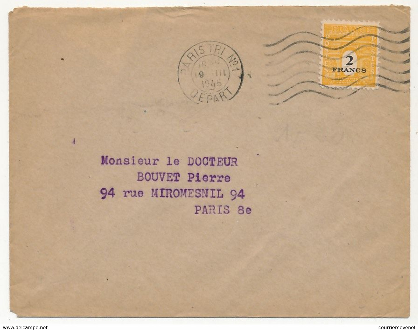 FRANCE - Env.  Affr 2F (Yv 709) Seul S/l OMEC Paris Tri N°1 Départ - 19/3/1945 - 1944-45 Arc Of Triomphe