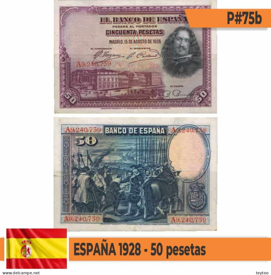 B0551# España 1928. 50 Pesetas - Tipo B (VF) P#75b - 50 Pesetas