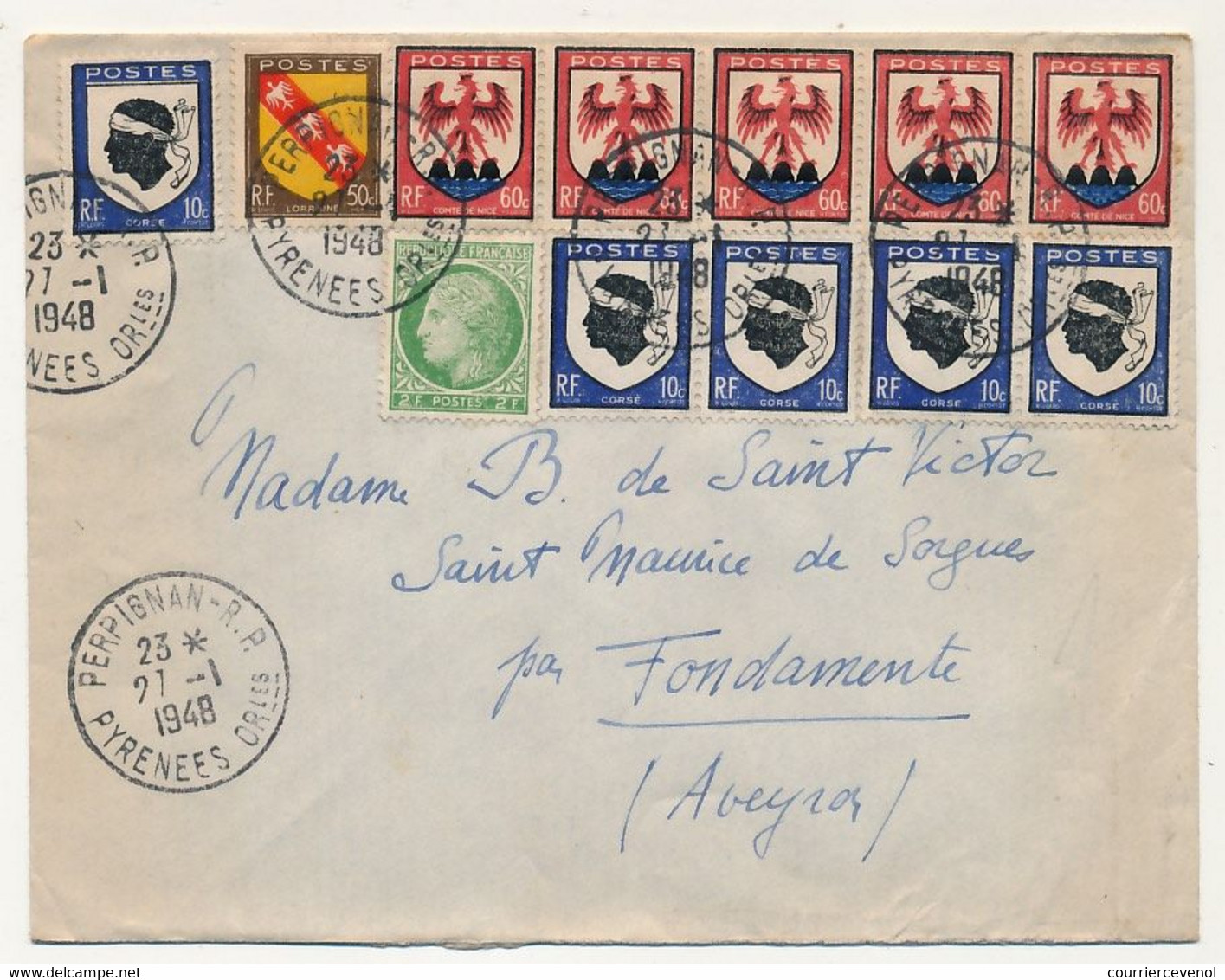 FRANCE - Env. Affr Composé BLASONS Nice, Lorraine, Corse + 2F Mazelin - Obl Perpignan RP 1948 - Covers & Documents