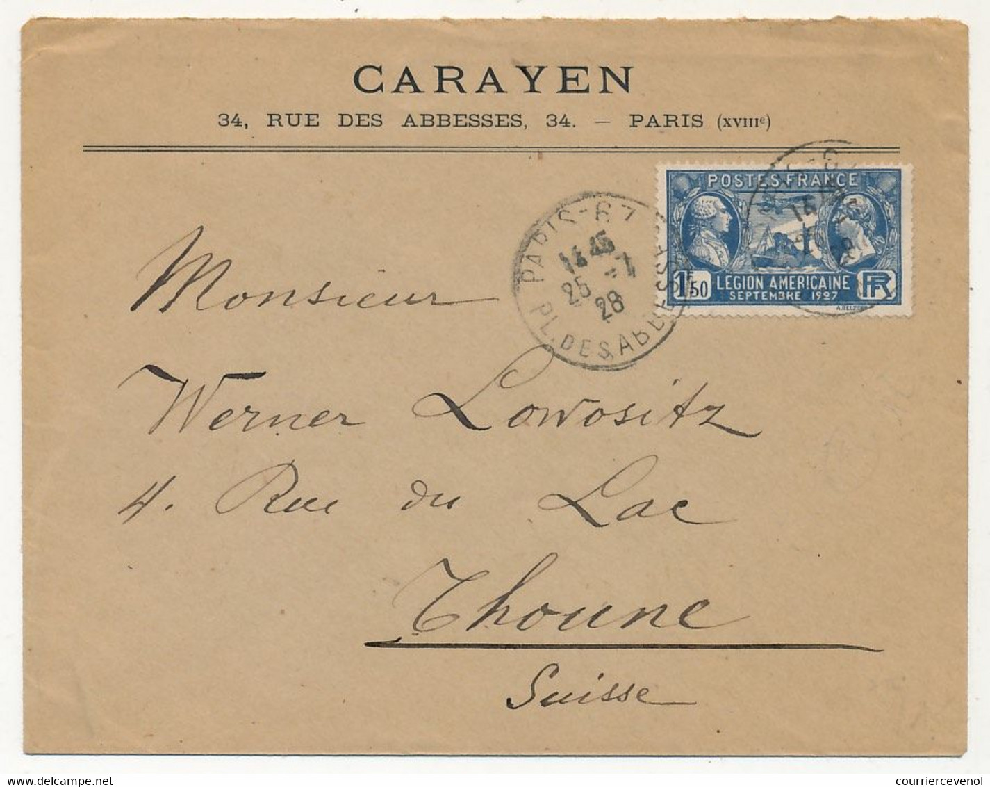 FRANCE - Env. En-tête "Carayen - Paris" Afr 1,50F Légion Américaine Seul - Obl Paris 67 Rue Des Abesses 1928 - Brieven En Documenten