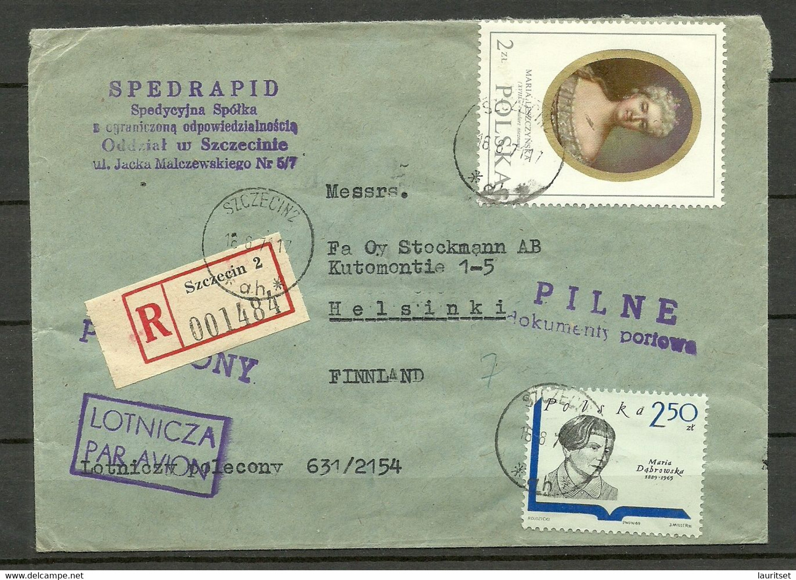 POLAND 1971 Registered Commercial Air Mail Cover To Finland Stockmann Department Store - Aviones