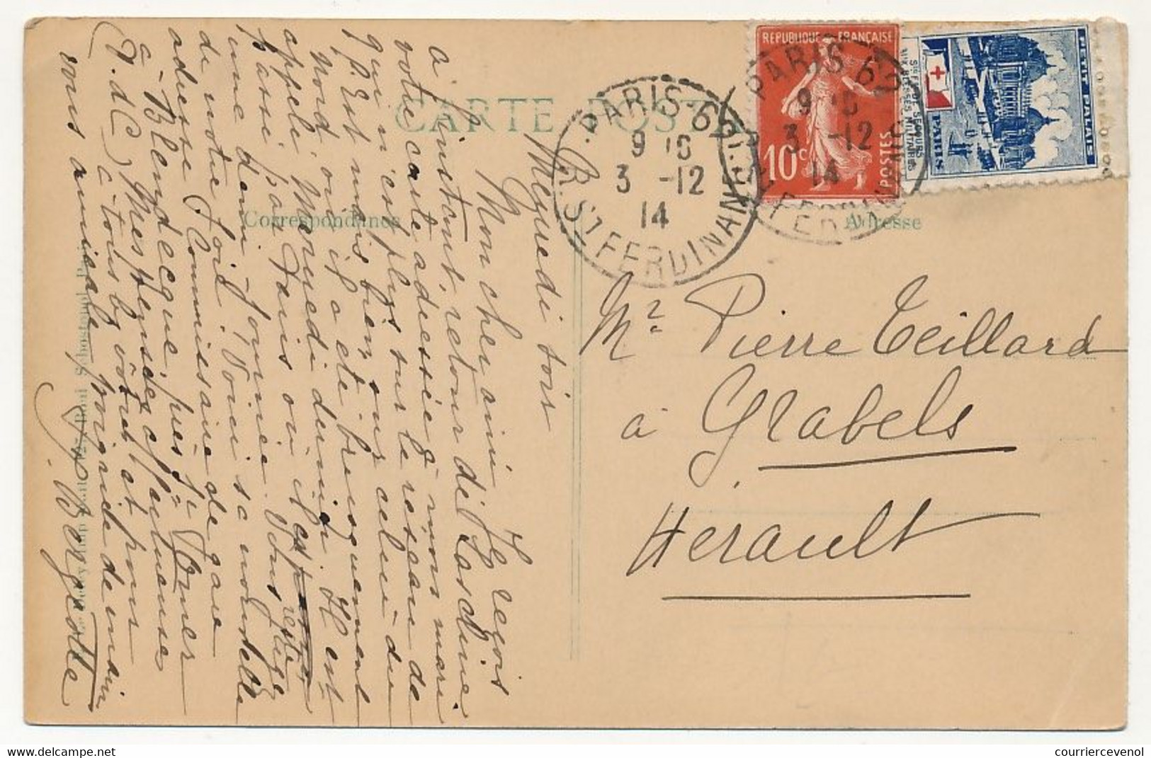 FRANCE - Vignette SSBM Paris Petit Palais S/CP Affr 10c Semeuse Obl Paris 62 - 1914 - Lettere