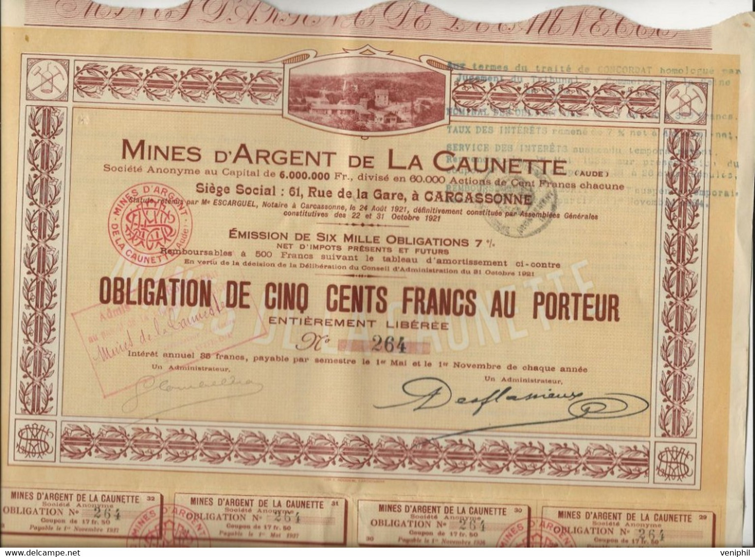 MINES D'ARGENT DE LA CAUNETTE - CARCASSSSONNE - OBLIGATION DE 500 FRS -ANNEE 1921 - Bergbau