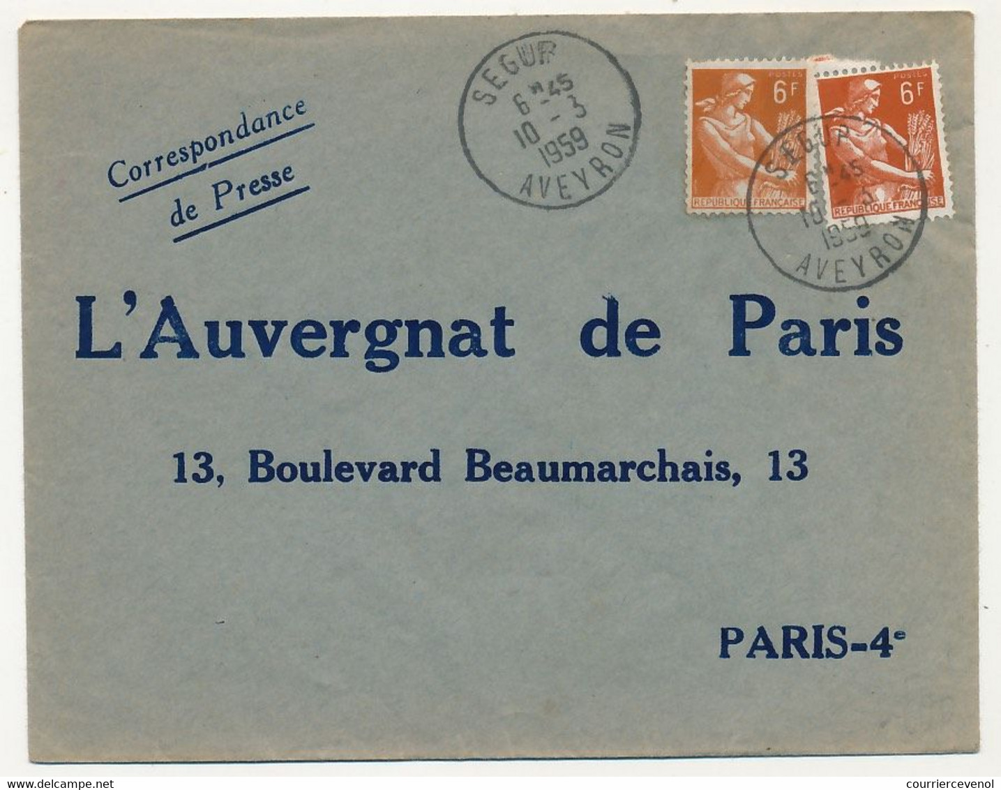 FRANCE - Env. Affr 2X6F Moissonneuse - Correspondance De Presse - SEGUP Aveyron 10/3/1959 - Briefe U. Dokumente