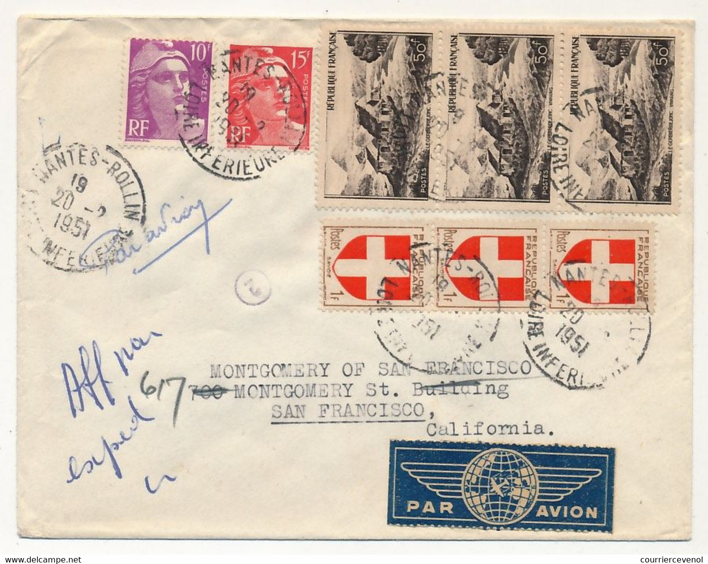 FRANCE - Env. Affr Composé Depuis Nantes Rollin, Pour San Francisco, 1951 - Puce 2 - Covers & Documents