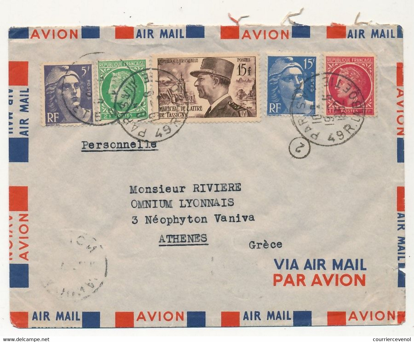 FRANCE - Env. Affr Composé Depuis Paris VIII Rue De La Boétie, Pour Athènes, 1952 - Puce 2 - Briefe U. Dokumente
