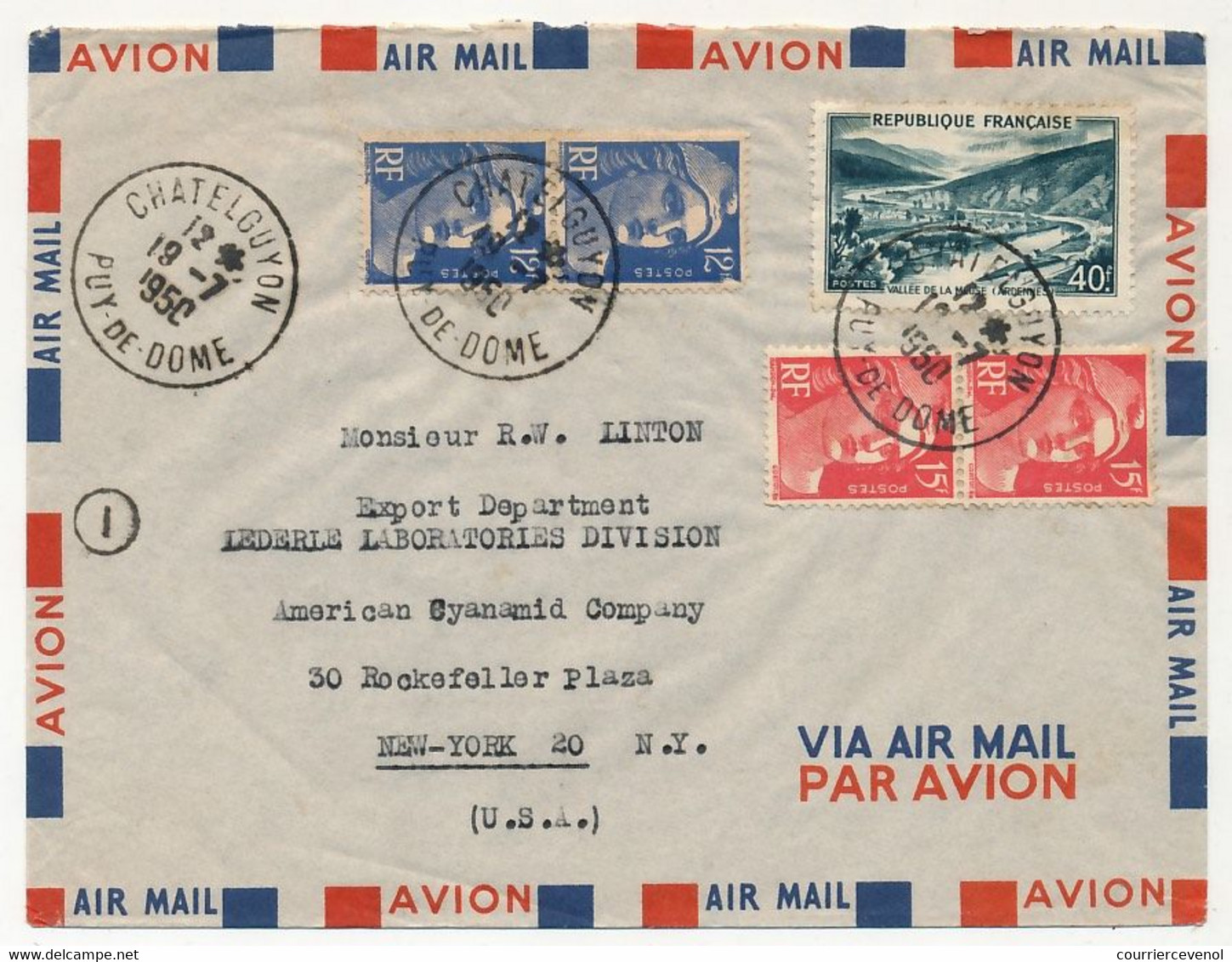 FRANCE - Env. Affr Composé Depuis Chatelguyon (Puy De Dôme) Pour New-York - 1950 - Puce I - Lettres & Documents