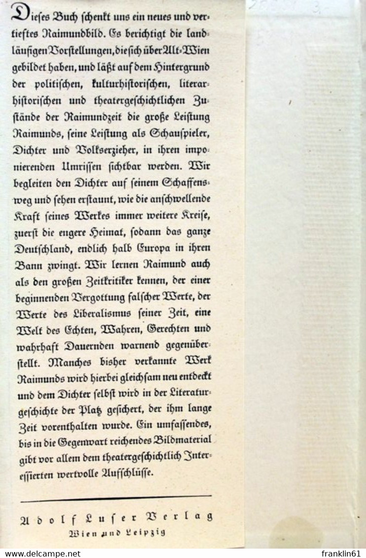 Ferdinand Raimund. Lebenswerk Und Wirkungsraum Eines Deutschen Volksdramatikers. - Theater & Tanz