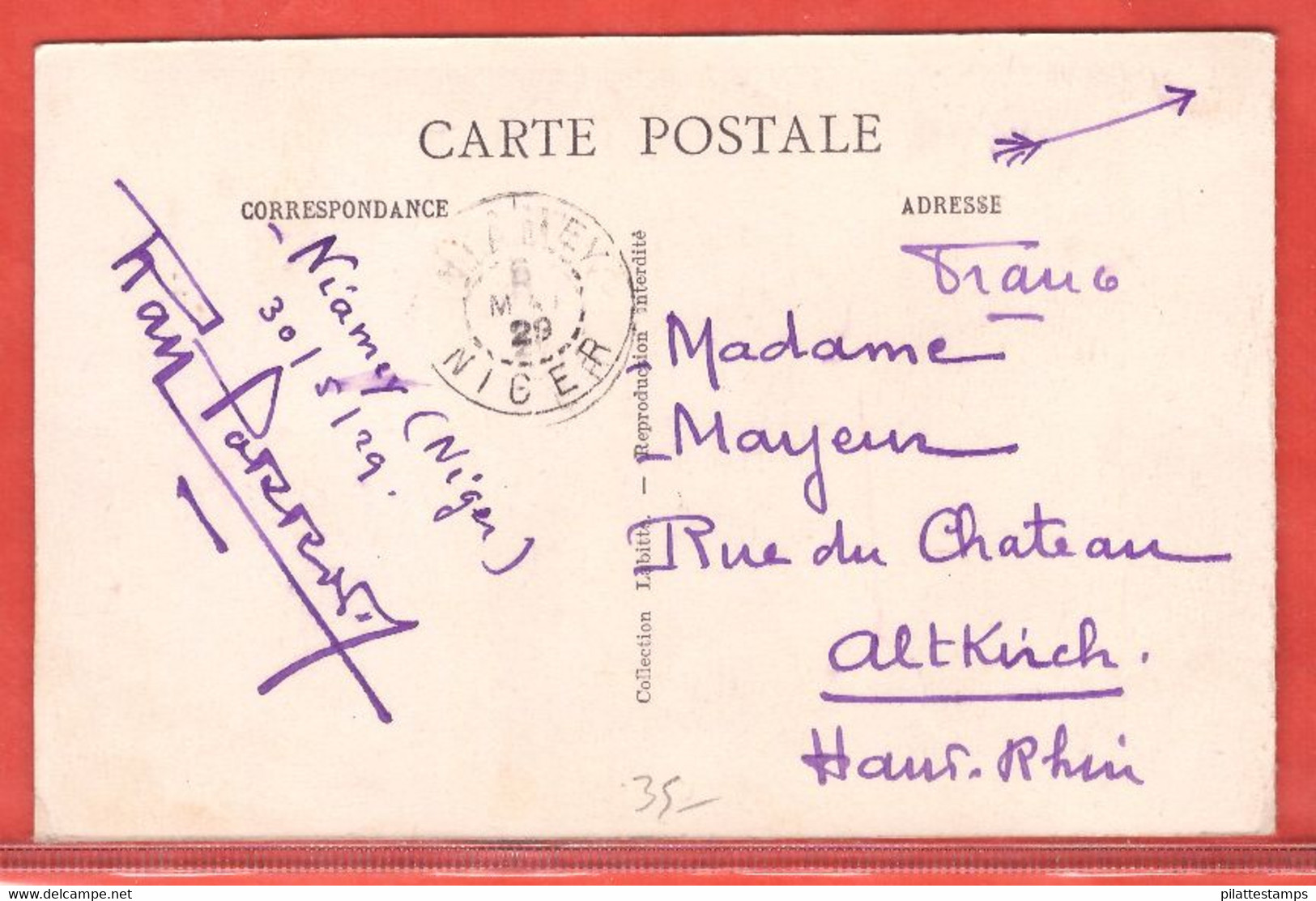 NIGER CARTE DE 1929 DE NIAMEY POUR ALTKIRCH FRANCE - Cartas & Documentos