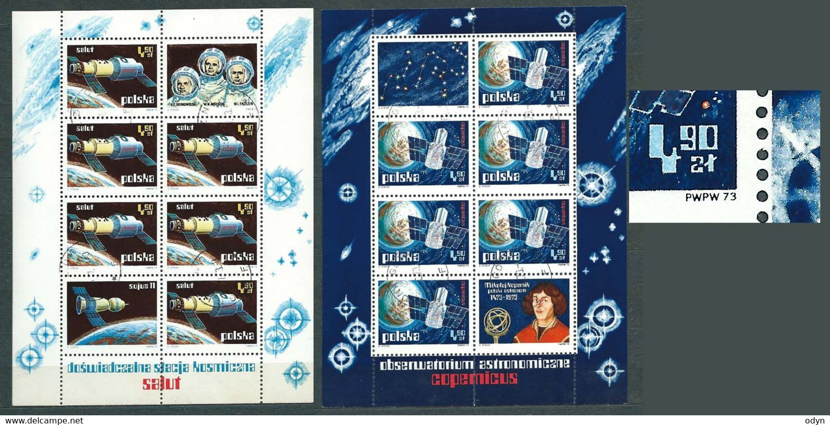 Poland 1973, Pair Of Blocks: MiNr 53 + 54 With ERROR B1; Used / Cancelled, With A Full Gum; Salut, Copernicus, Cosmos - Errors & Oddities