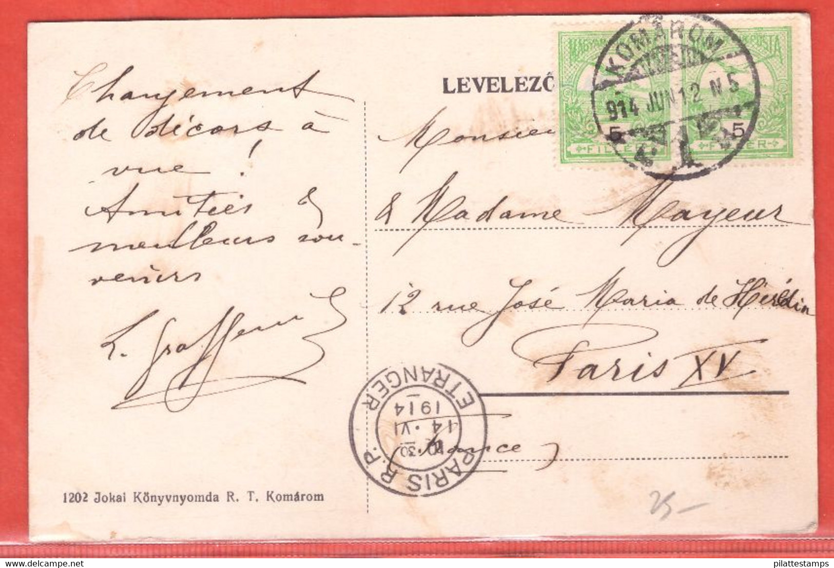 HONGRIE CARTE DE 1912 DE KOMAROM POUR PARIS FRANCE - Postmark Collection