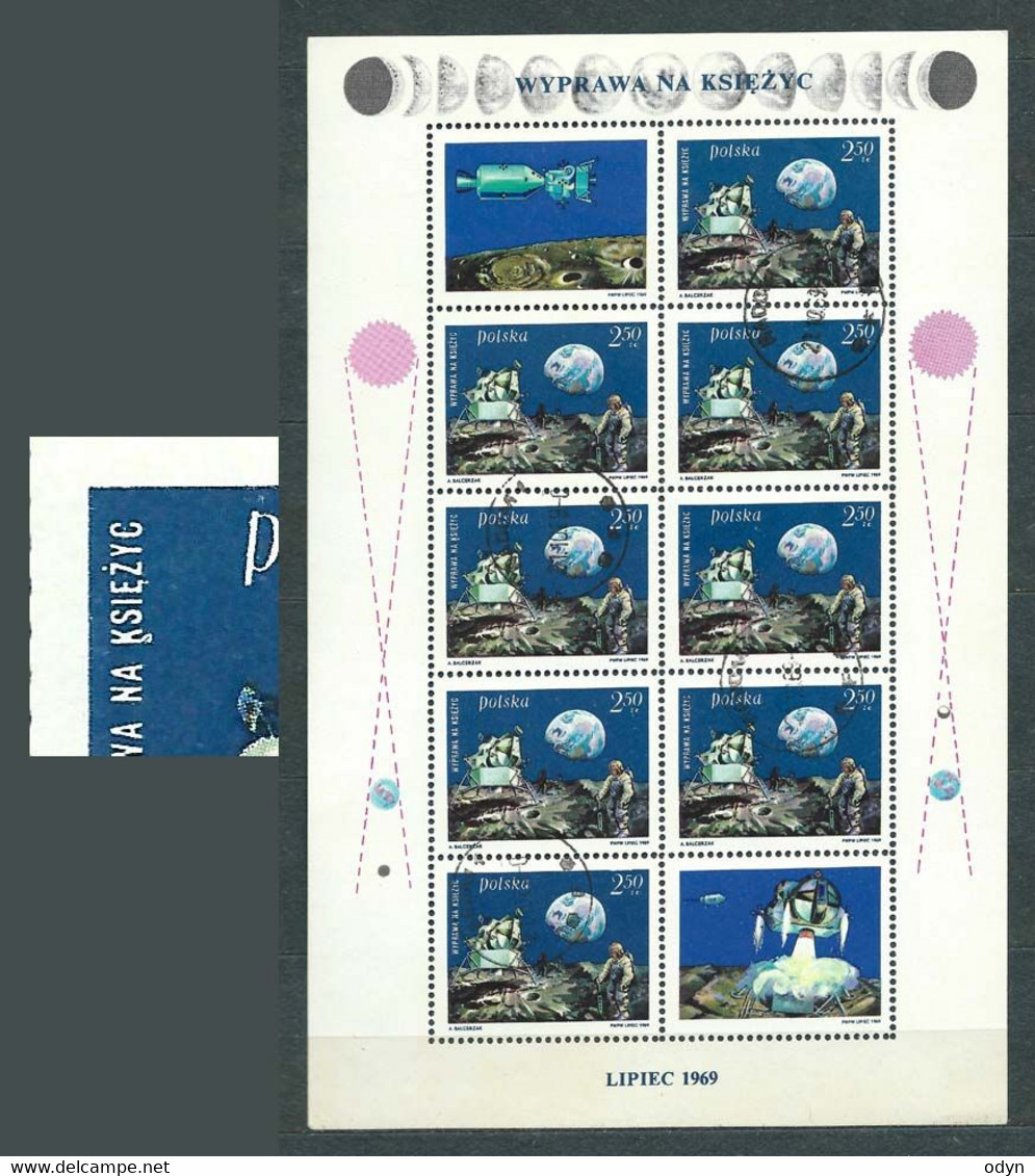 Poland 1969, MiNr 1940 Sheetlet (kleinbogen) With An Error (see Description); Used; Expedition To The Moon, Cosmos - Plaatfouten & Curiosa