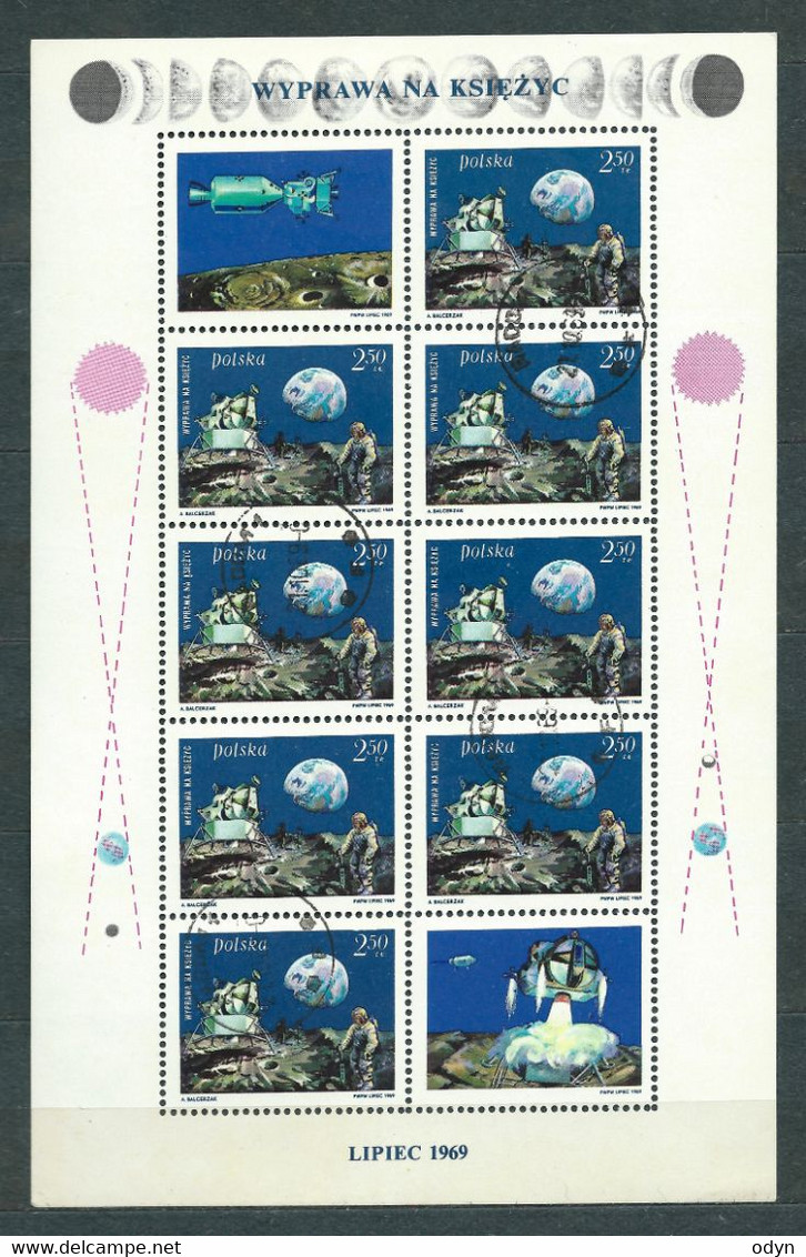 Poland 1969, MiNr 1940 Sheetlet (kleinbogen) With An Error (see Description); Used; Expedition To The Moon, Cosmos - Abarten & Kuriositäten