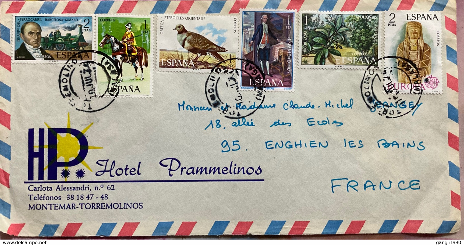 SPAIN USED COVER TO FRANCE 1974,HOTEL PRAMMELINOS ,TORPEMOLTNOS CITY CANCELLATION, RAILWAY,BIRD ,EUROPA,HERITAGE FLORA C - Covers & Documents