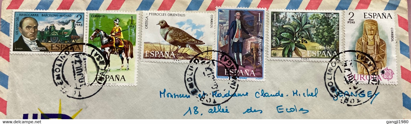 SPAIN USED COVER TO FRANCE 1974,HOTEL PRAMMELINOS ,TORPEMOLTNOS CITY CANCELLATION, RAILWAY,BIRD ,EUROPA,HERITAGE FLORA C - Briefe U. Dokumente