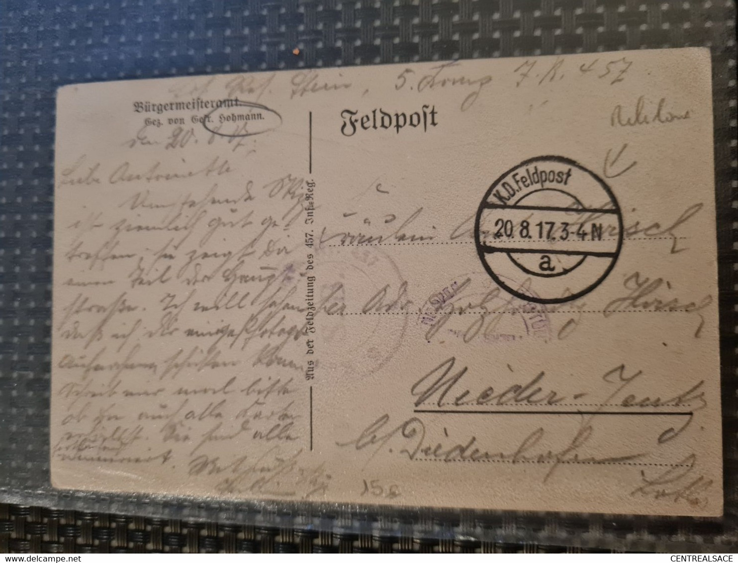 Carte FELDPOST K.D. 1917 Pour NIEDER JEUTZ DIEDENHOFFEN  Burgermeisteramt HAHMANN - Sonstige & Ohne Zuordnung