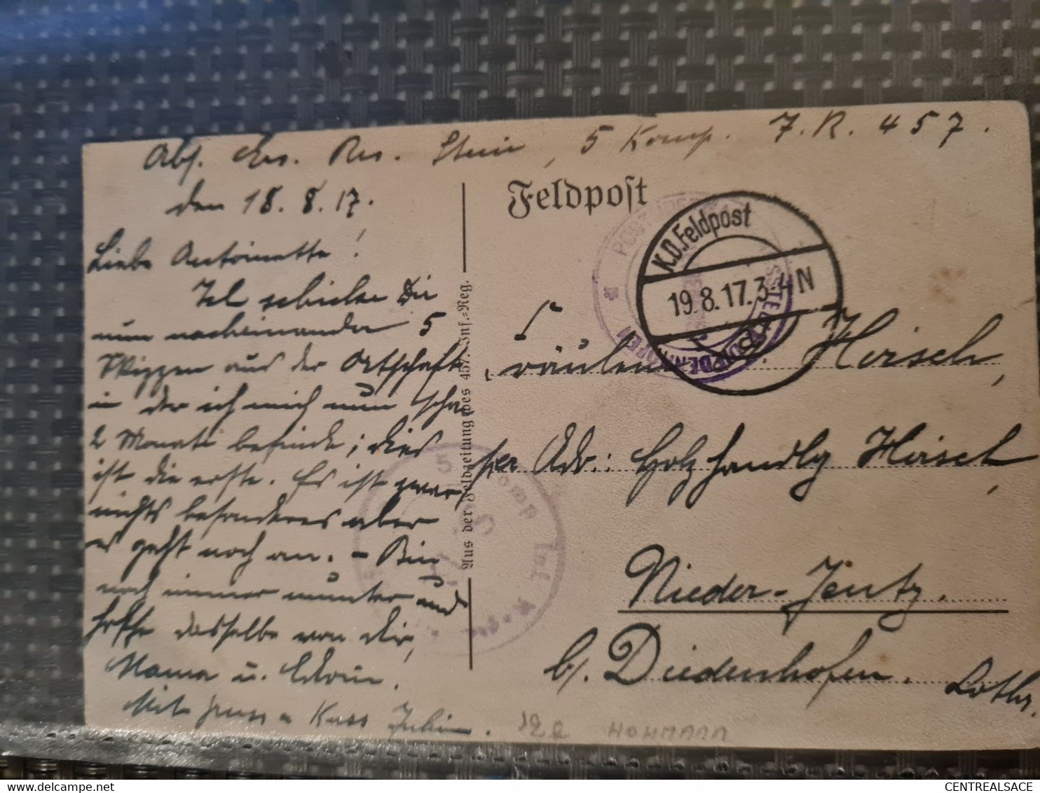Carte FELDPOST  K.D.FELDPOST 1917 POUR NIEDER YUTZ  DIEDENHOFFEN  CARTE HOHMANN IM SOMMER SOLDATENHEIM - Autres & Non Classés