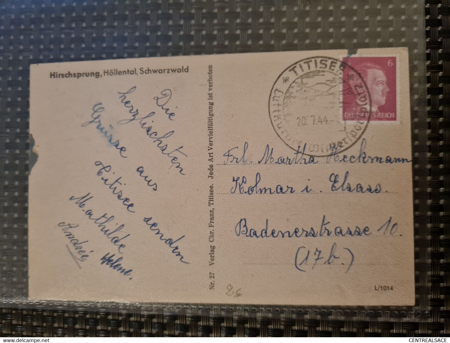 Carte TITISEE 1944 Pour COLMAR - Sonstige & Ohne Zuordnung