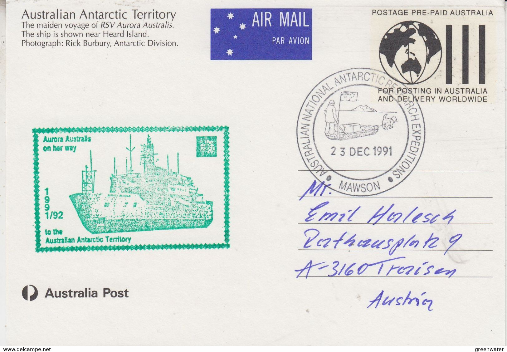 AAT Maxicard Ship Visit Aurora Australis Ca 20 JUNE 1991 (ND162C) - Maximumkarten