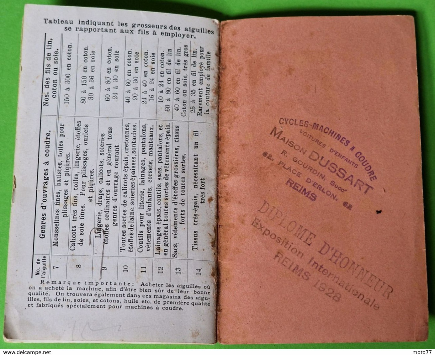 ancien LIVRET Instructions MODE D'EMPLOI - MACHINE à COUDRE - Reims - Vers 1928 -Environ 8.5x14 cm 32 pages