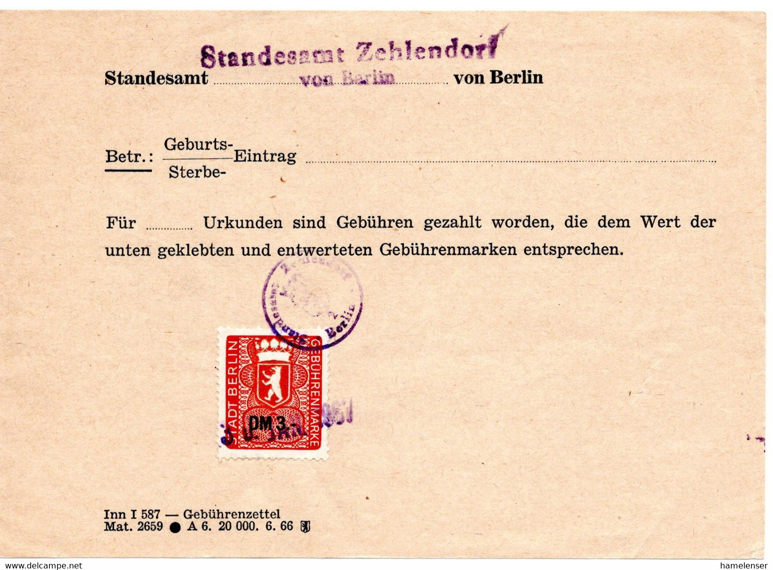 55159 - Berlin - 1967 - 3DM Stempelmarke Auf Quittung Vom Standesamt Berlin-Zehlendorf - Seals Of Generality