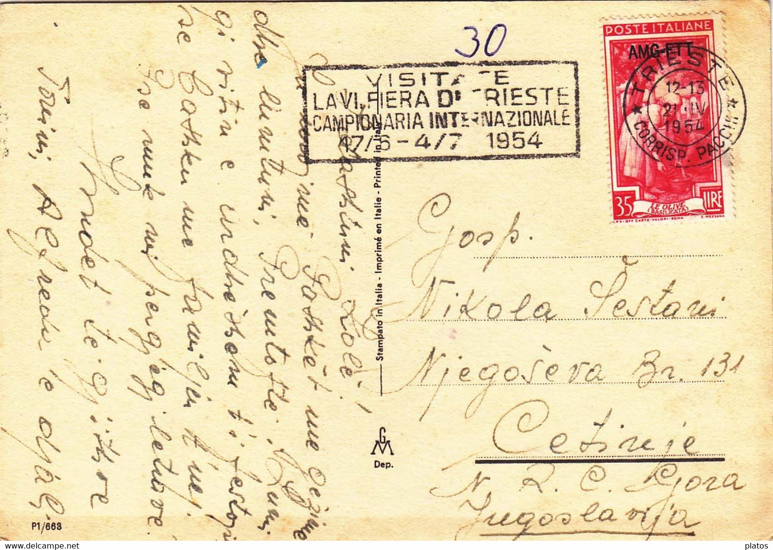 Cart. Illust.. L. 35 Da Trieste Per L' Iugoslavia - Poststempel