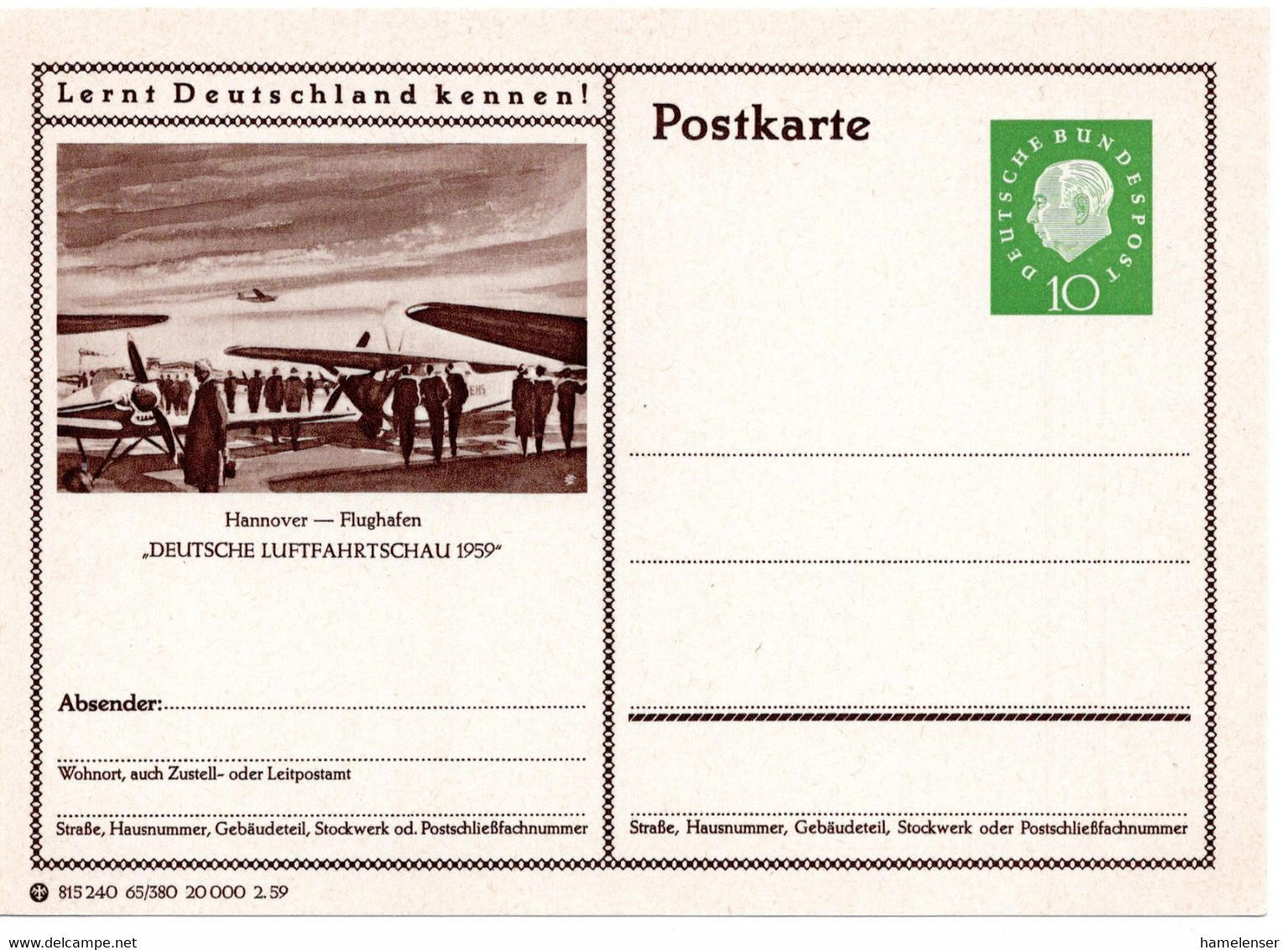 55165 - Bund - 1959 - 10Pfg Heuss III BildGAKte "Luftfahrtschau Hannover", Ungebraucht - Aerei