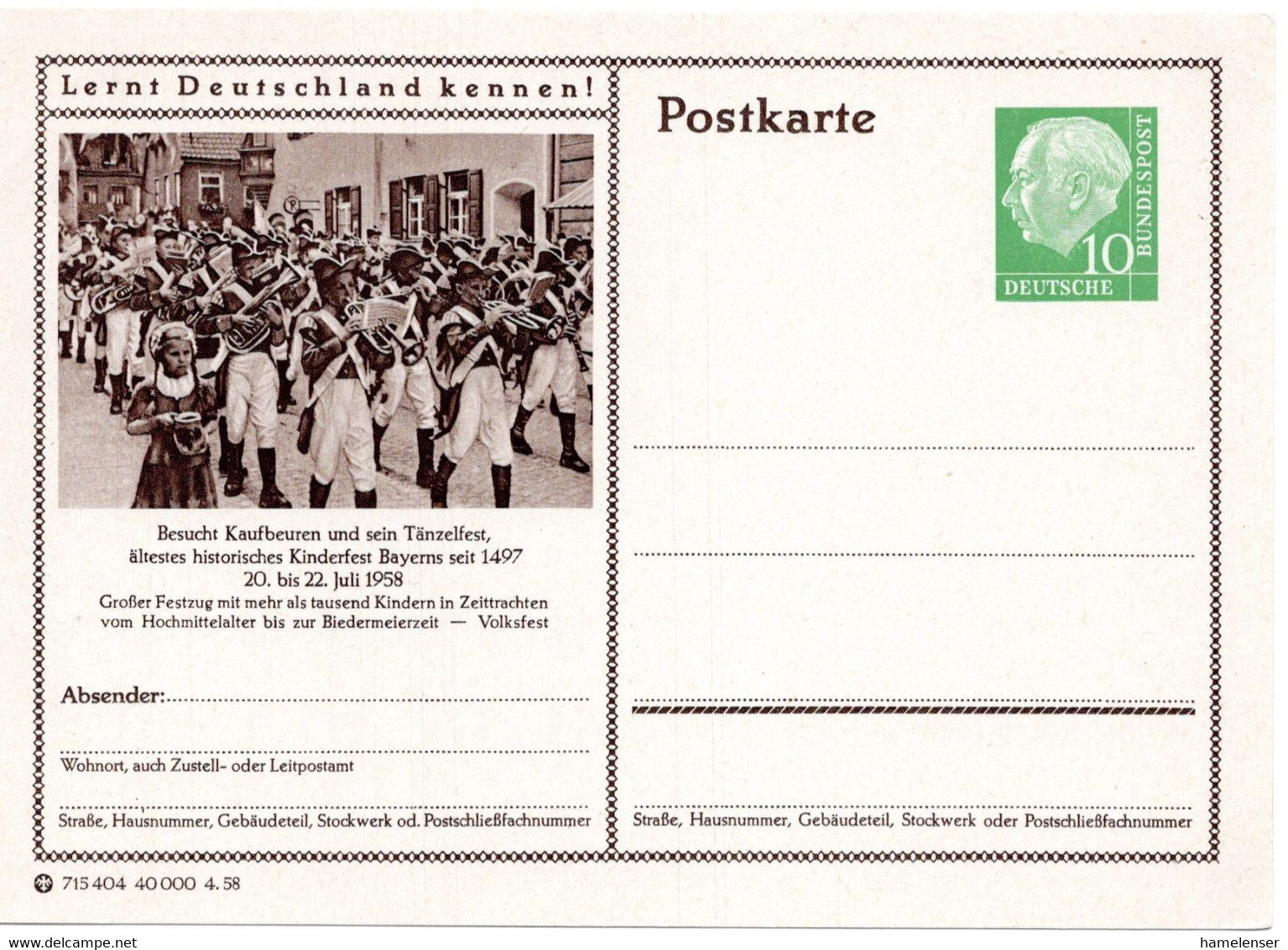 55168 - Bund - 1958 - 10Pfg Heuss I BildGAKte "Kaufbeuren, Taenzelfest", Ungebraucht - Musica