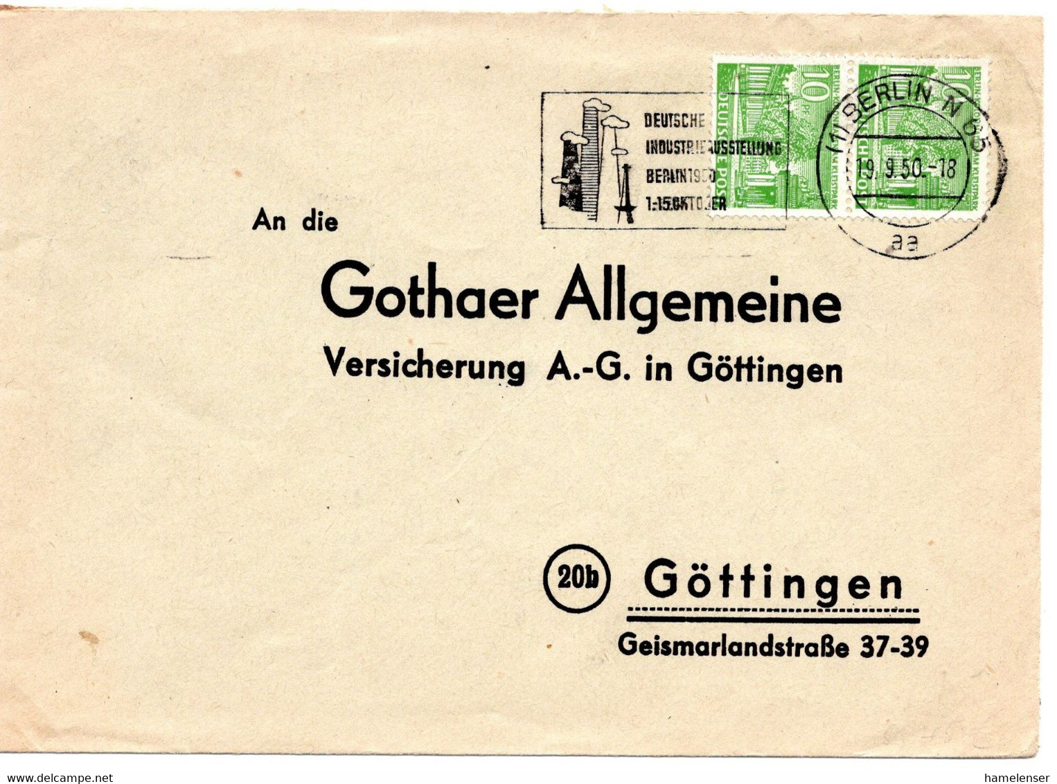 55175 - Berlin - 1950 - 2@10Pfg Bauten I A Bf BERLIN - DEUTSCHE INDUSTRIEAUSSTELLUNG ... -> Goettingen - Cartas & Documentos