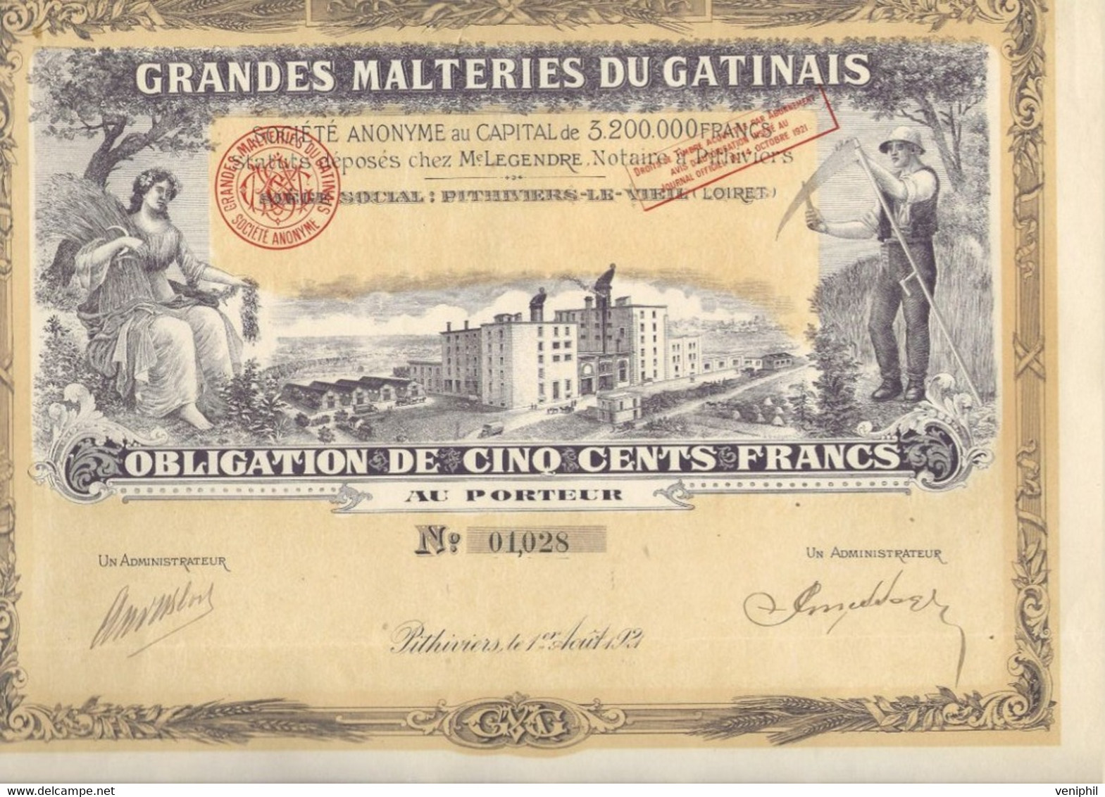 GRANDES MALTERIES DU GATINAIS- OBLIGATION  ILLUSTREE DE 500 FRS -ANNEE 1921 - Landwirtschaft
