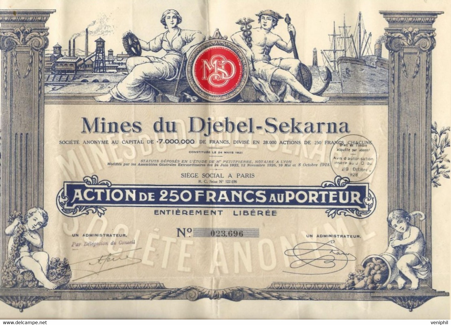 MINES DU DJEBEL - SEKARNA -ACTION ILLUSTREE DE 250 FRS - ANNEE 1928 - Bergbau